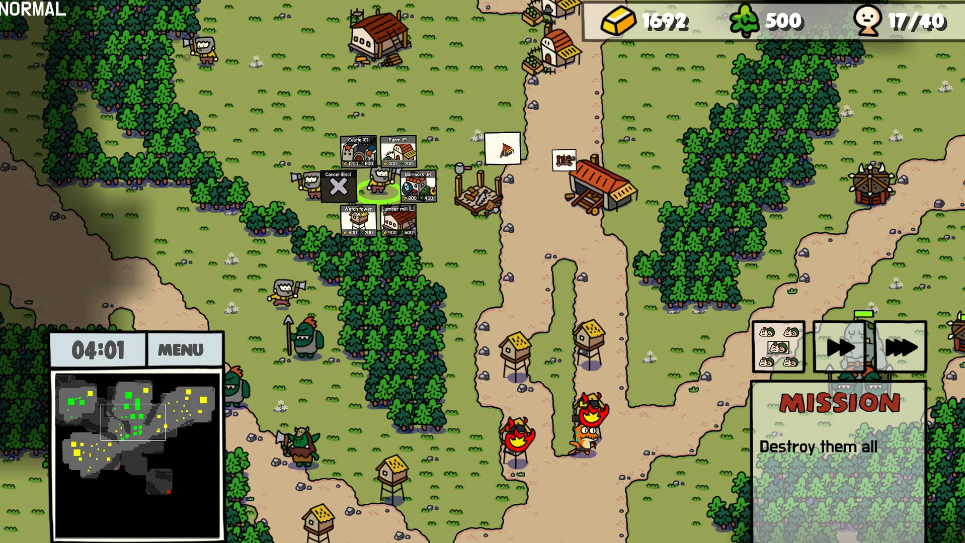 A built-up orc camp in dense forest, the build menu open beside the great hall and gold, lumber and supply counters along the top of the screen.