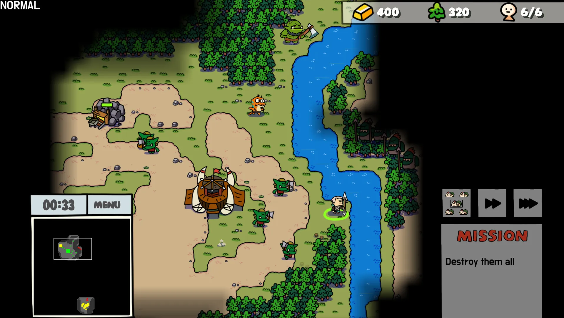 An early orc camp beside a river — great hall, a worker hauling gold, and the mission panel reading "Destroy them all".