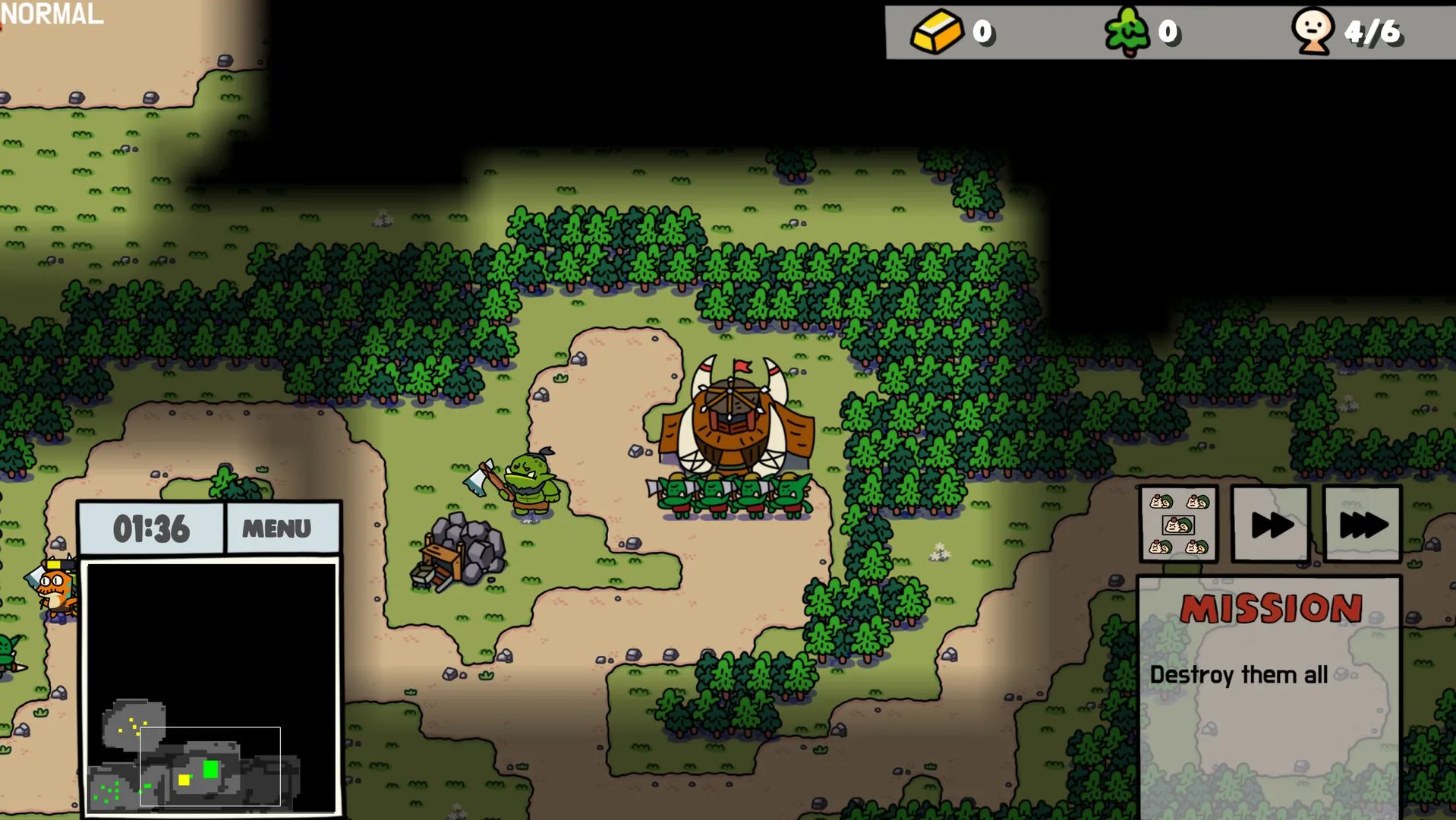 An orc great hall guarded by axe throwers, fog of war closing in around the camp with 1:36 left on the mission timer.