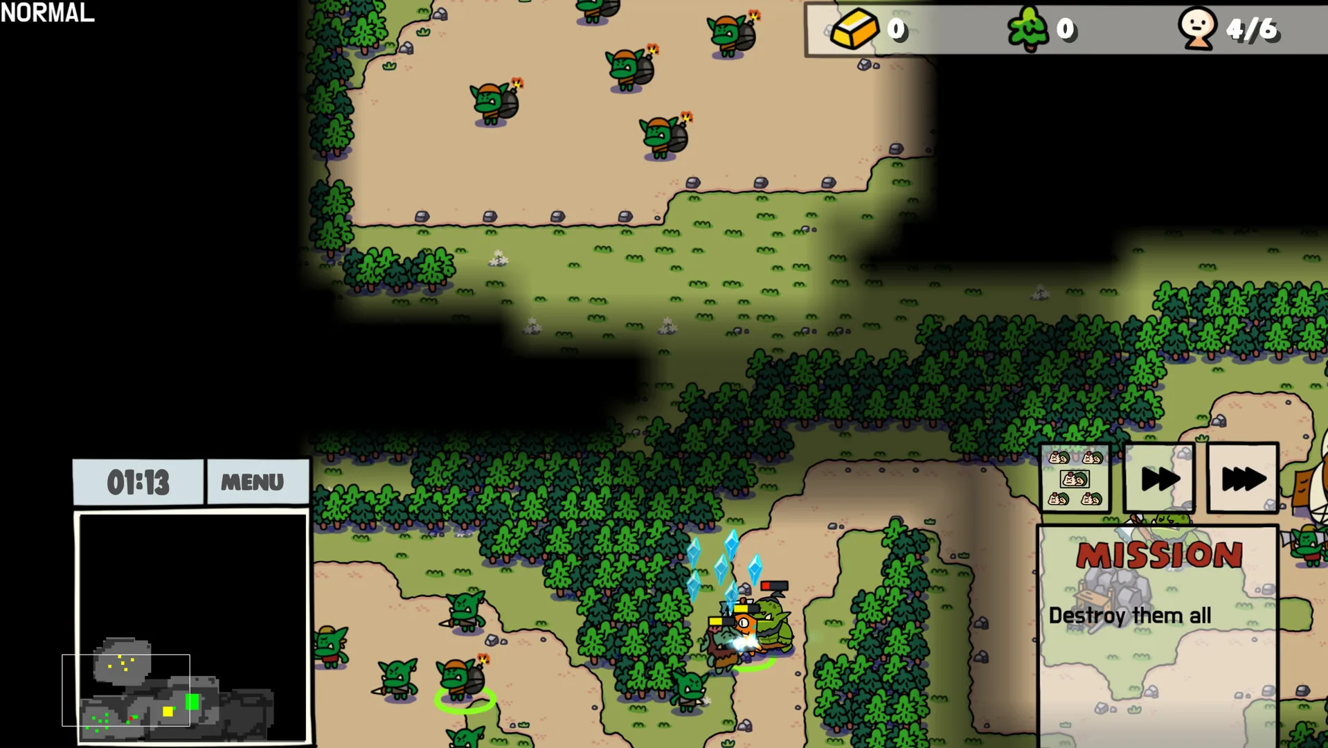 Orc raiders pushing down a forest path through fog of war, one unit ringed in green to show it is selected.