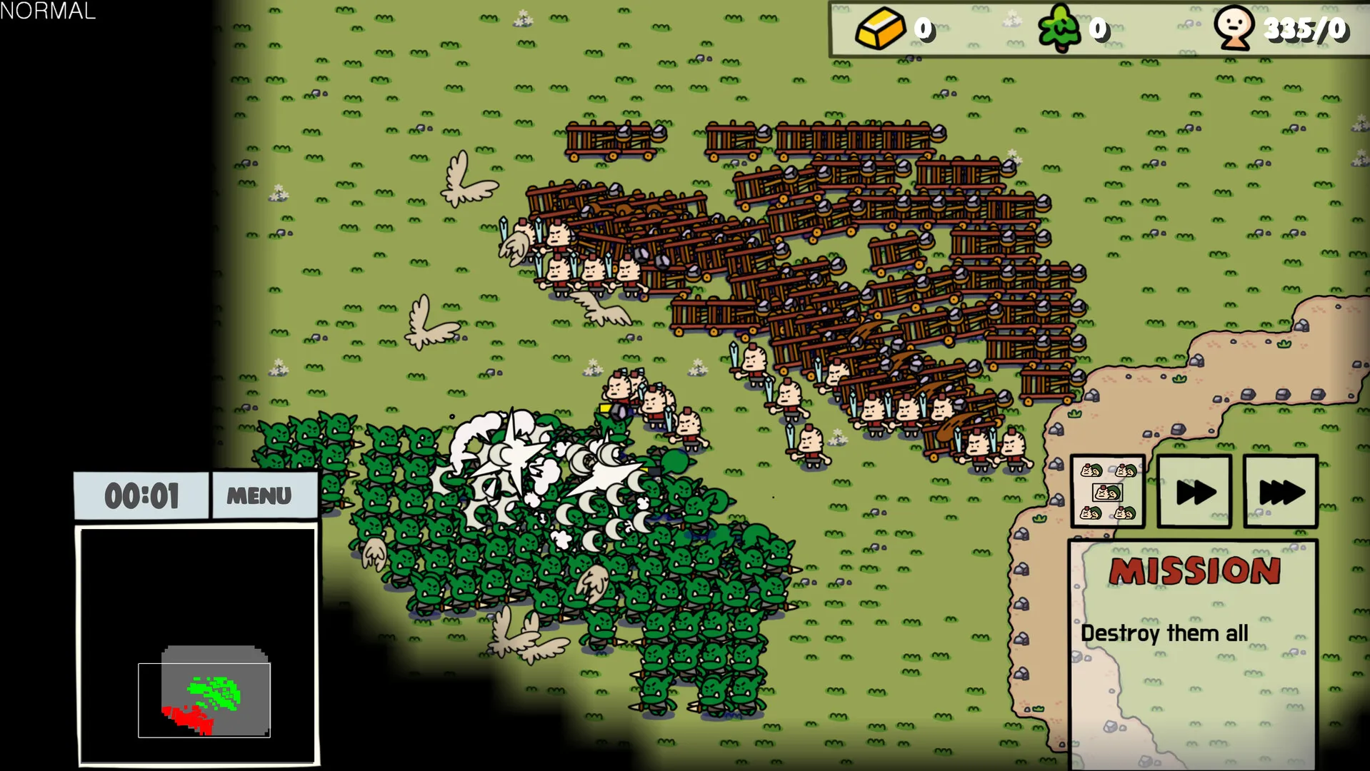 A mass battle on open grass — a green wall of orcs crashing into ranks of defenders and their wooden siege engines.