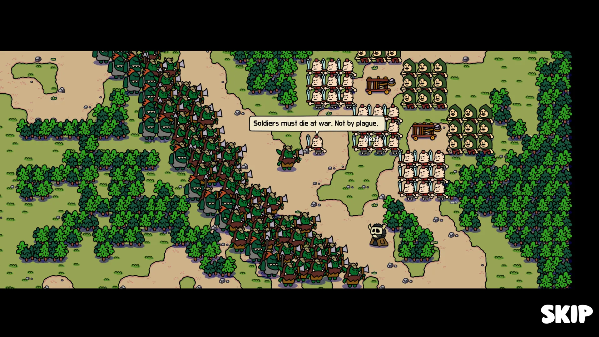 A campaign cutscene: an orc column faces massed enemy infantry and catapults across a clearing, with the line "Soldiers must die at war. Not by plague."