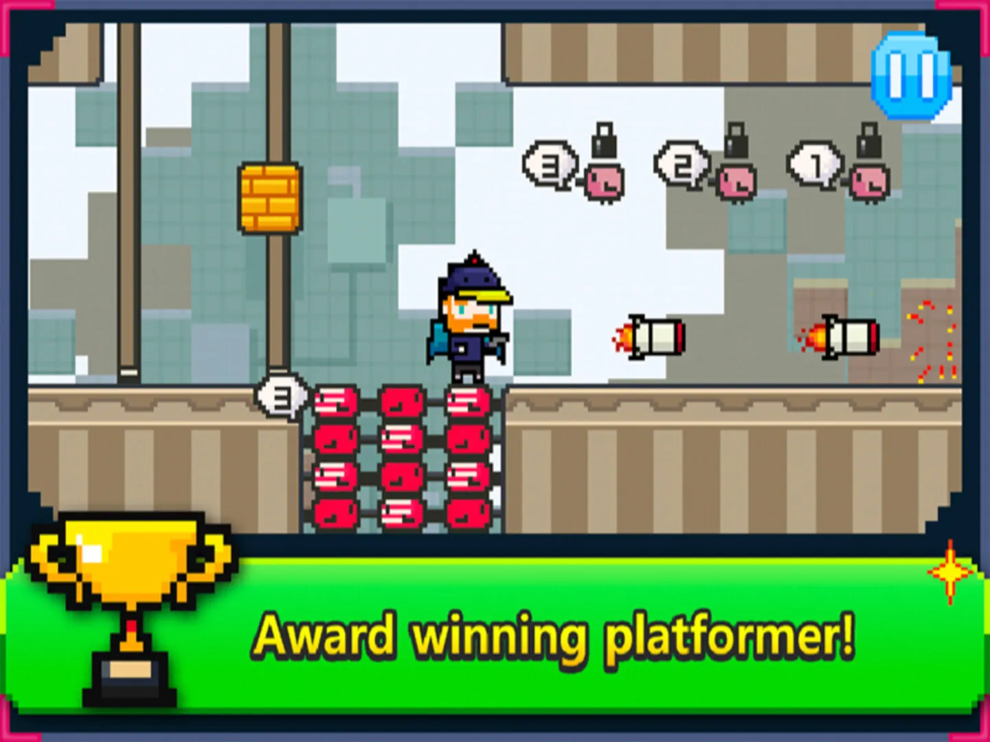 A rooftop stage where the hero fires rockets at rows of pink blob enemies, bomb icons counting down above them.