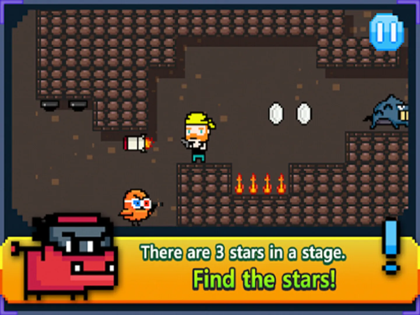 An underground cave stage — the hero shoots a rocket past floating stars while flame jets erupt from the floor.