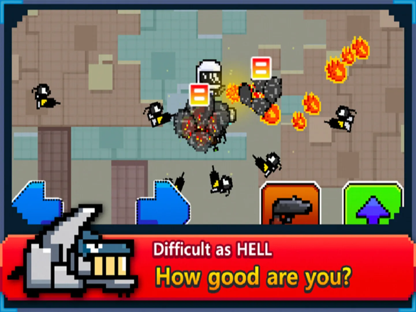 A crowded fight in a ruined building: the hero at the centre of an explosion, ringed by bird enemies and fireballs.