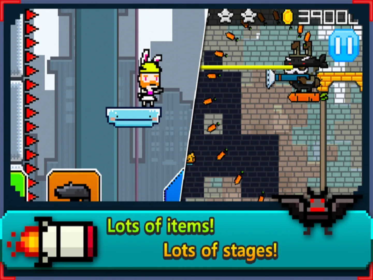 Two city stages side by side — a rabbit-eared hero on a floating platform beside a wall of spikes, and a boss firing a beam through falling carrots.