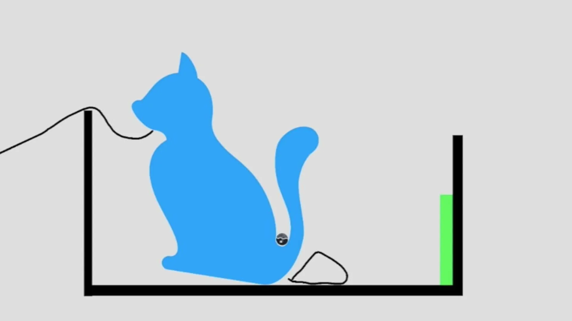 A blue cat fills a walled box, the ball tucked against its tail, with the green goal standing in the far right corner.