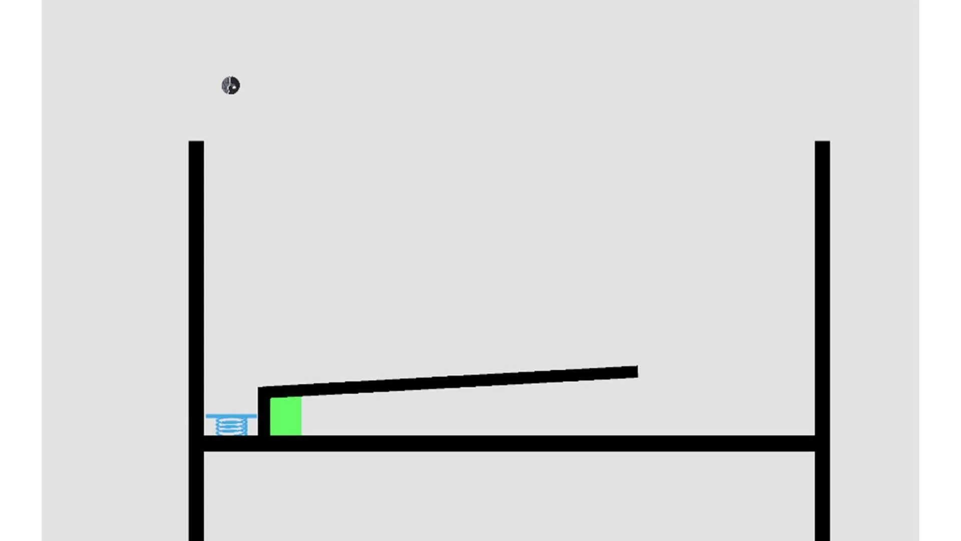 A bare stage: the ball falls toward a tilted ramp leading down to a blue spring and the green block wedged against the left wall.