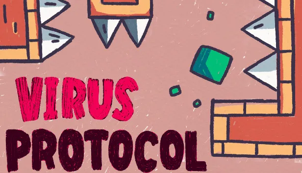 The Virus Protocol key art — the hand-drawn pink and black title on a fleshy brick wall, with white spikes closing in and a green virus tumbling through the middle.