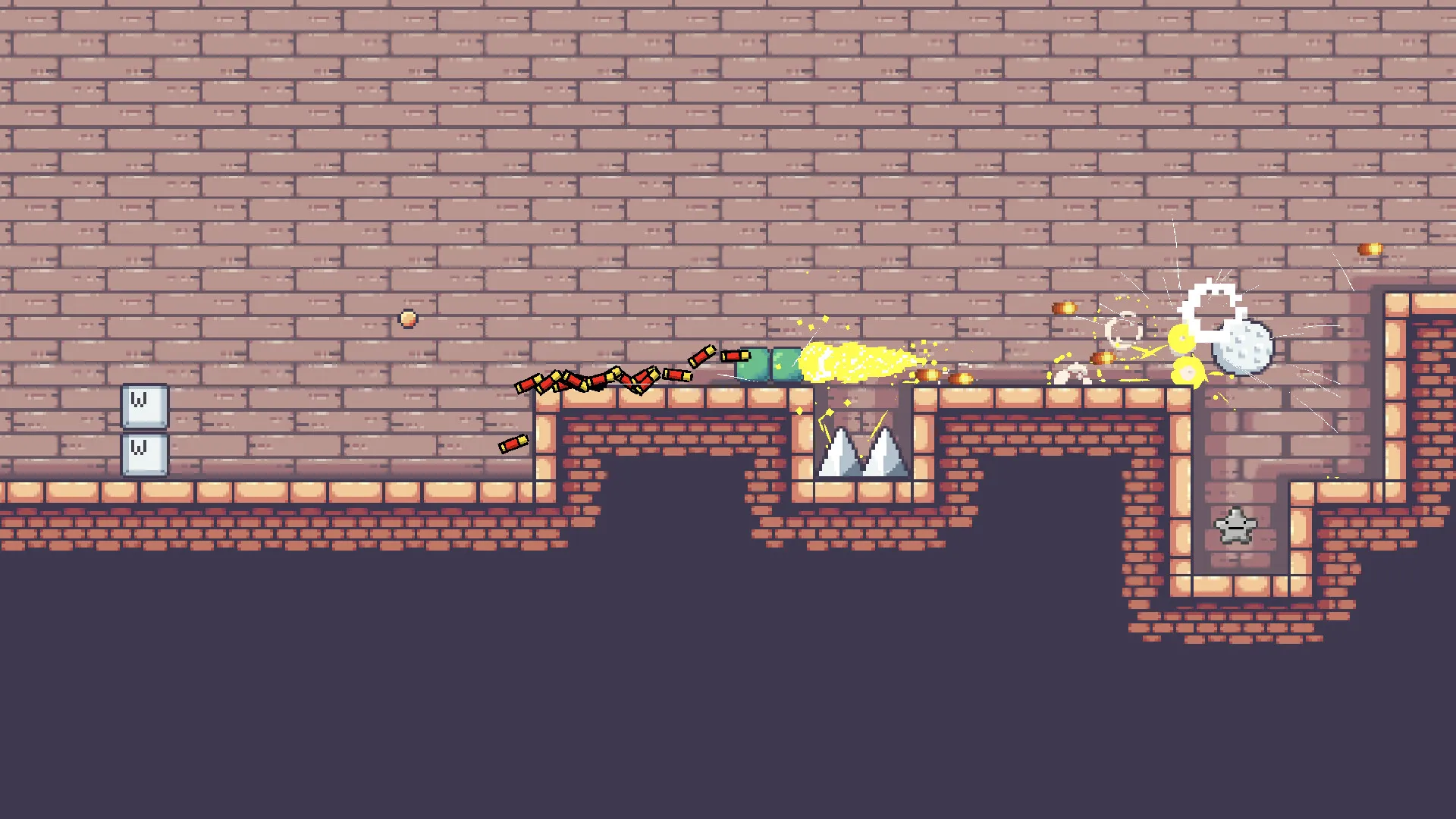 Stage 3-5 — a round white-cell boss hovers mid-air, raining a diagonal stream of shots down onto a green virus on the floor.