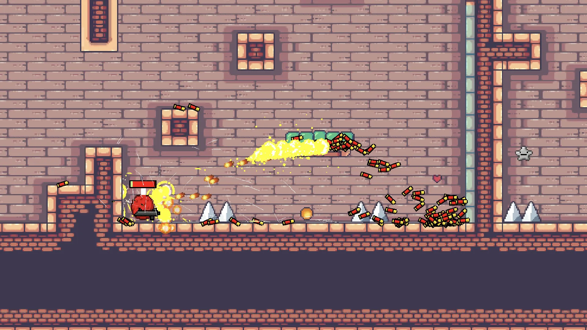 A firefight in full swing: the virus returns fire on a red boss from the right while shells scatter across a spiked floor.