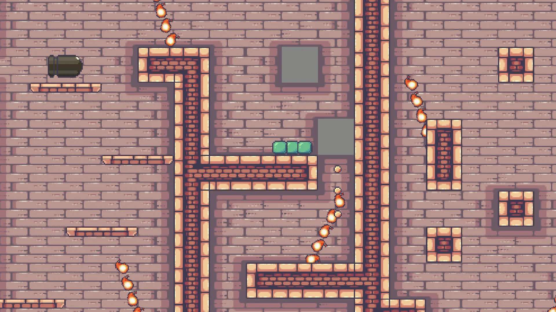 Three copies of the virus stand together on a ledge while burning projectiles arc down through the brick shafts around them.