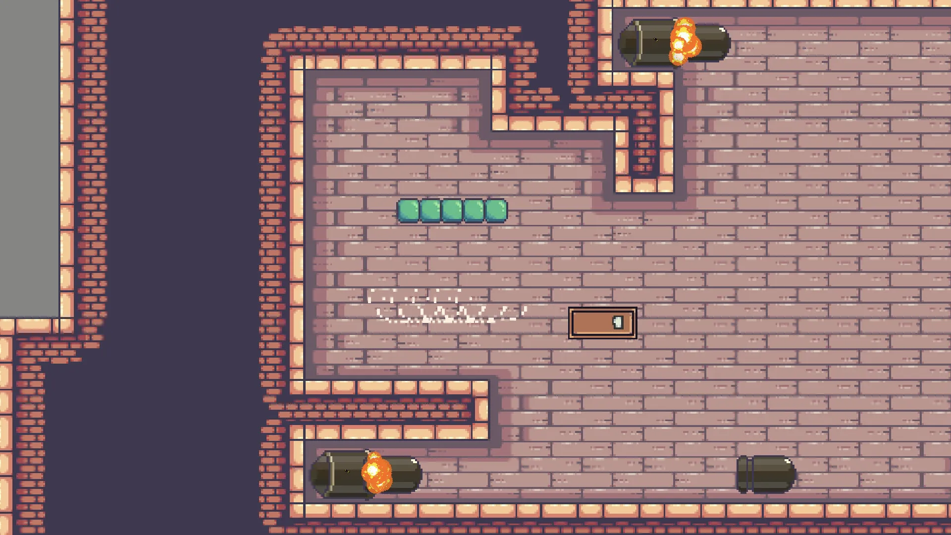 Five copies of the virus lined up in a walled room, with lit bombs sitting on the platforms above and below them.