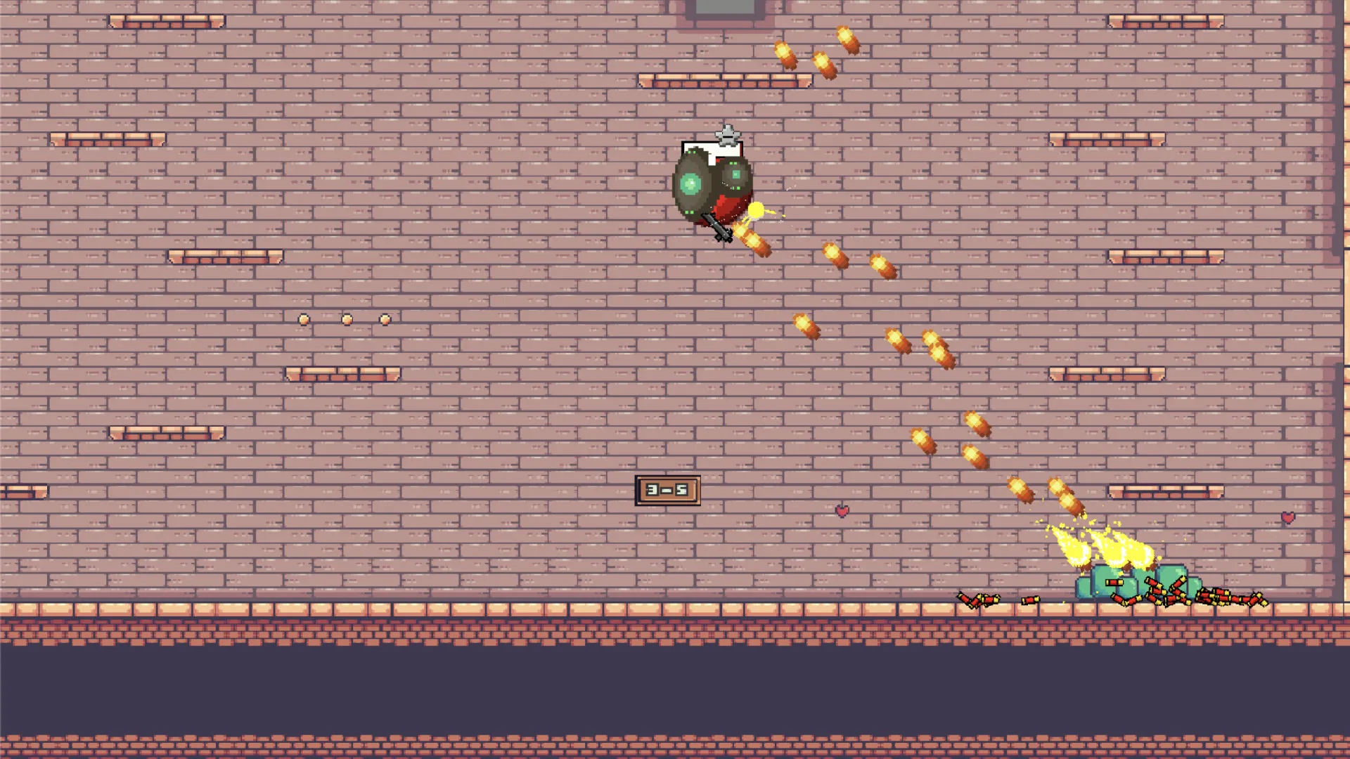 Stage 3-4 — two green light shafts fall through the level, the virus riding one of them down between banks of spikes.